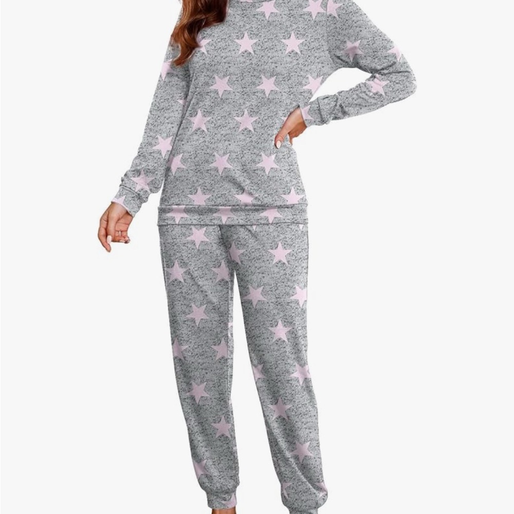 Cozy Star Print Pajama Set - Gray and Pink